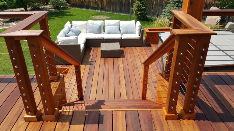 Custom-Decks-tigerwood-deck-planters-cable-rail-tigerwood-posts-top-cap-nana-wall-Greenwood-Village-Colorado