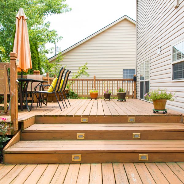 Patio and garden of family home at summer
