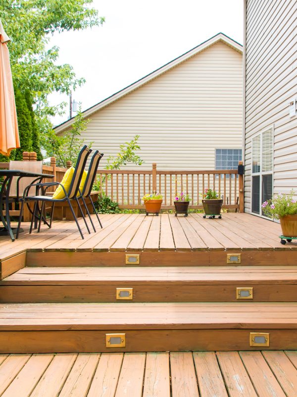 Patio and garden of family home at summer